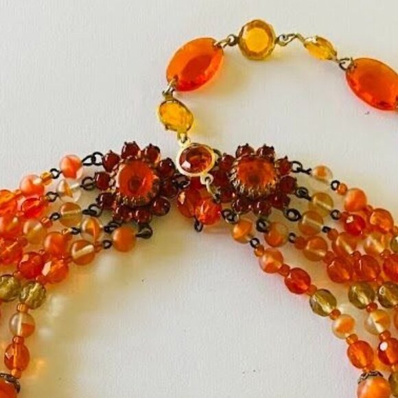 Mid-Century West German Gablonz Glass Beaded Triple Strand Necklace Floral Clasp - Picture 5 of 10
